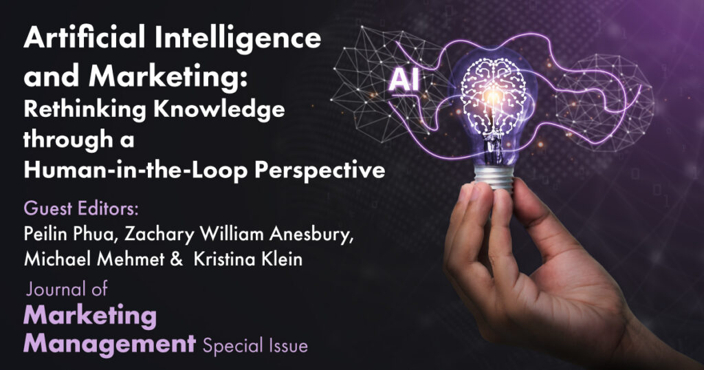 Dark background. Hand holding a lightbulb with the filament shaped like a human brain, glowing purple. Around the bulb, a lilac line of light links networks of nodes, with the letters AI in white. Text reads: Artificial Intelligence and Marketing: Rethinking Knowledge through a Human-in-the-Loop Perspective. Guest Editors: Peilin Phua, Zachary William Anesbury, Michael Mehmet & Kristina Klein. Journal of Marketing Management Special Issue.