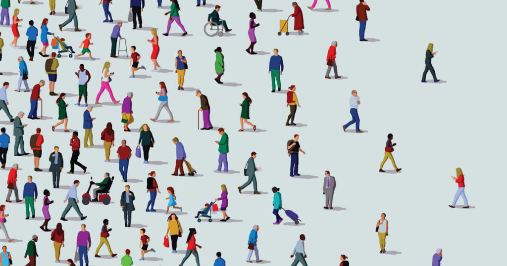 A pale blue background, with illustrations of many people of different ages and ethnicities moving across it, including people using mobility scooters, wheelchairs, walking frames, and pushing prams.