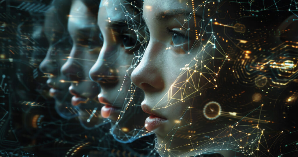 Image of a female face overlaid with golden light nodes indicating technology. Image repeats into the distance.