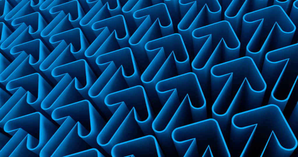 Black background with lots of blue arrow outlines all pointing to the top right