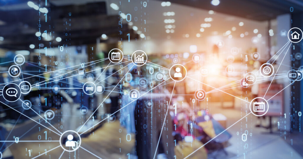 Illustration of digital network over a blurred background image of a retail environment