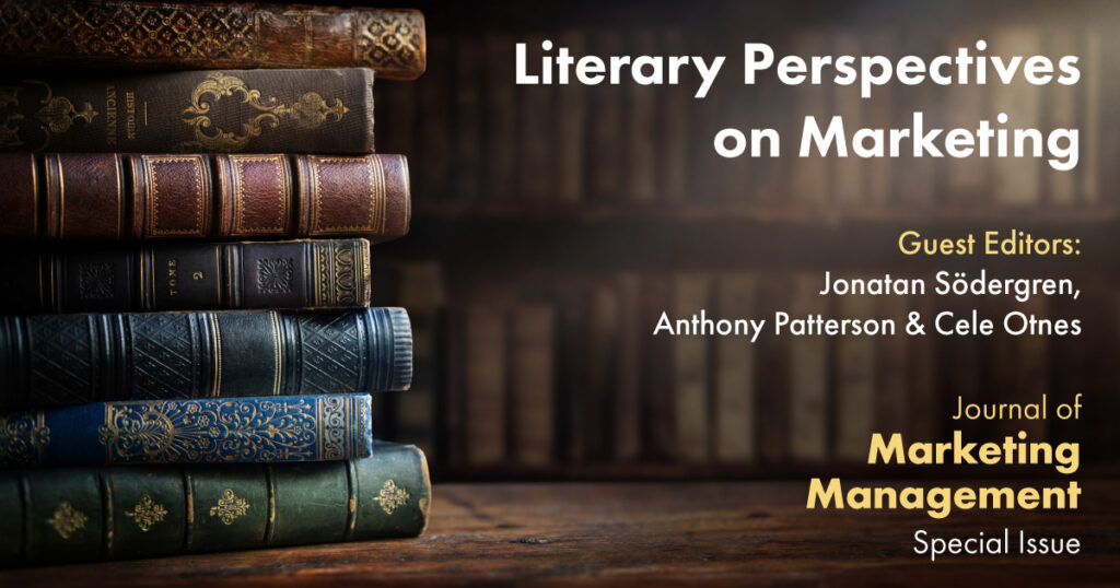 A stack of old books on a table in a library, lit up by a shaft of light. Text reads: Literary Perspectives on Marketing. Guest Editors Jonatan Sodergren, Anthony Patterson and Cele Otnes. Journal of Marketing Management Special Issue.